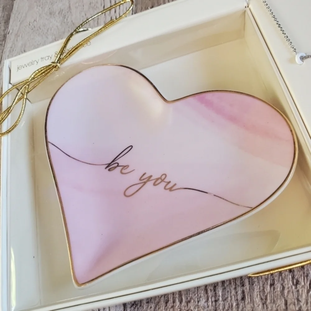 "Be You" 2pc Charm Necklace Heart & Trinket Tray Set - Picture 2 of 5